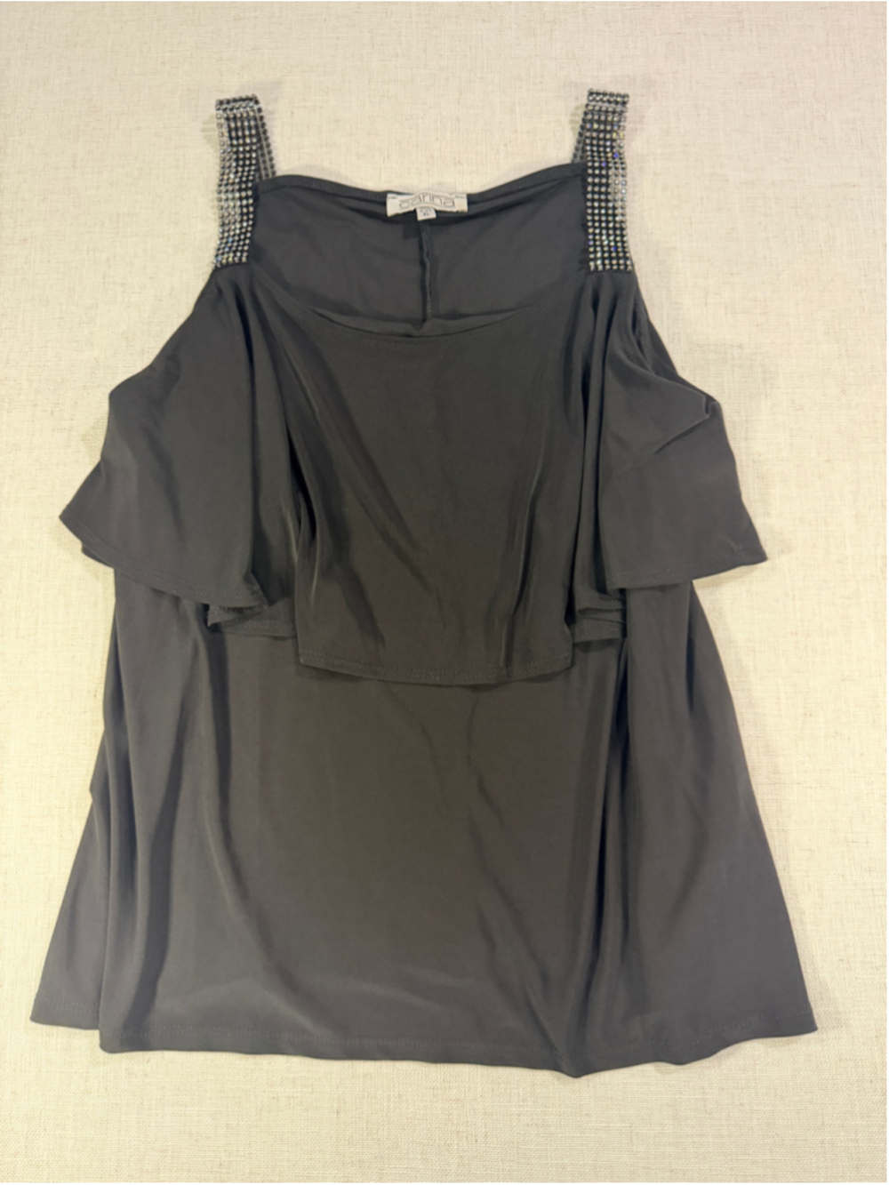 Carina Rhinestone Strap Cold Shoulder Ruffle Top Black XL